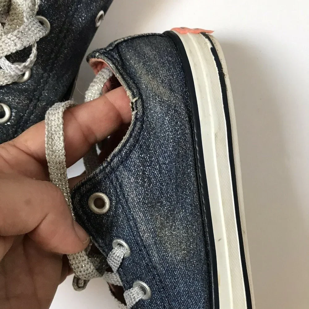 Converse All Star Kids Blue Glitter Denim Low Top Sneakers Silver Laces Size‎ 3Y